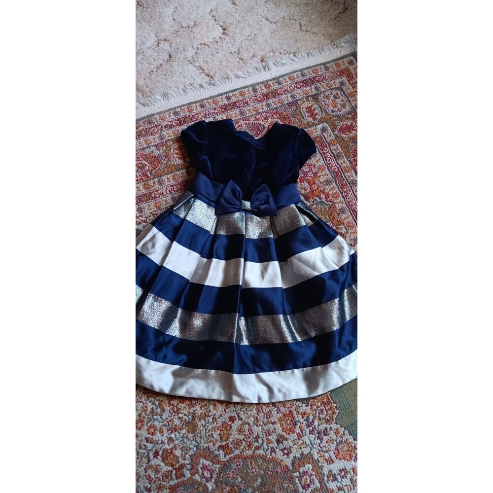 Jona Michelle 3T Dark Blue Silver Bold Stripe Cap Sleeve Dress